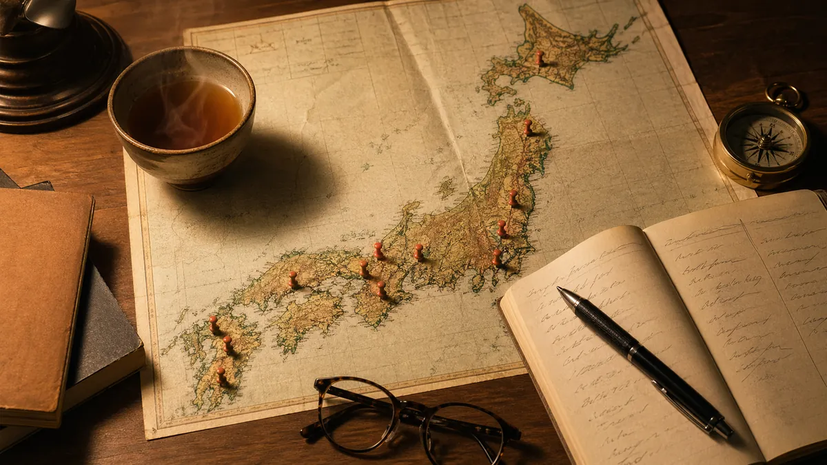 古地図の日本列島に赤いピンが散りばめられたフラットレイ。焙じ茶のマグ、開いた手書きノート、コンパス、眼鏡