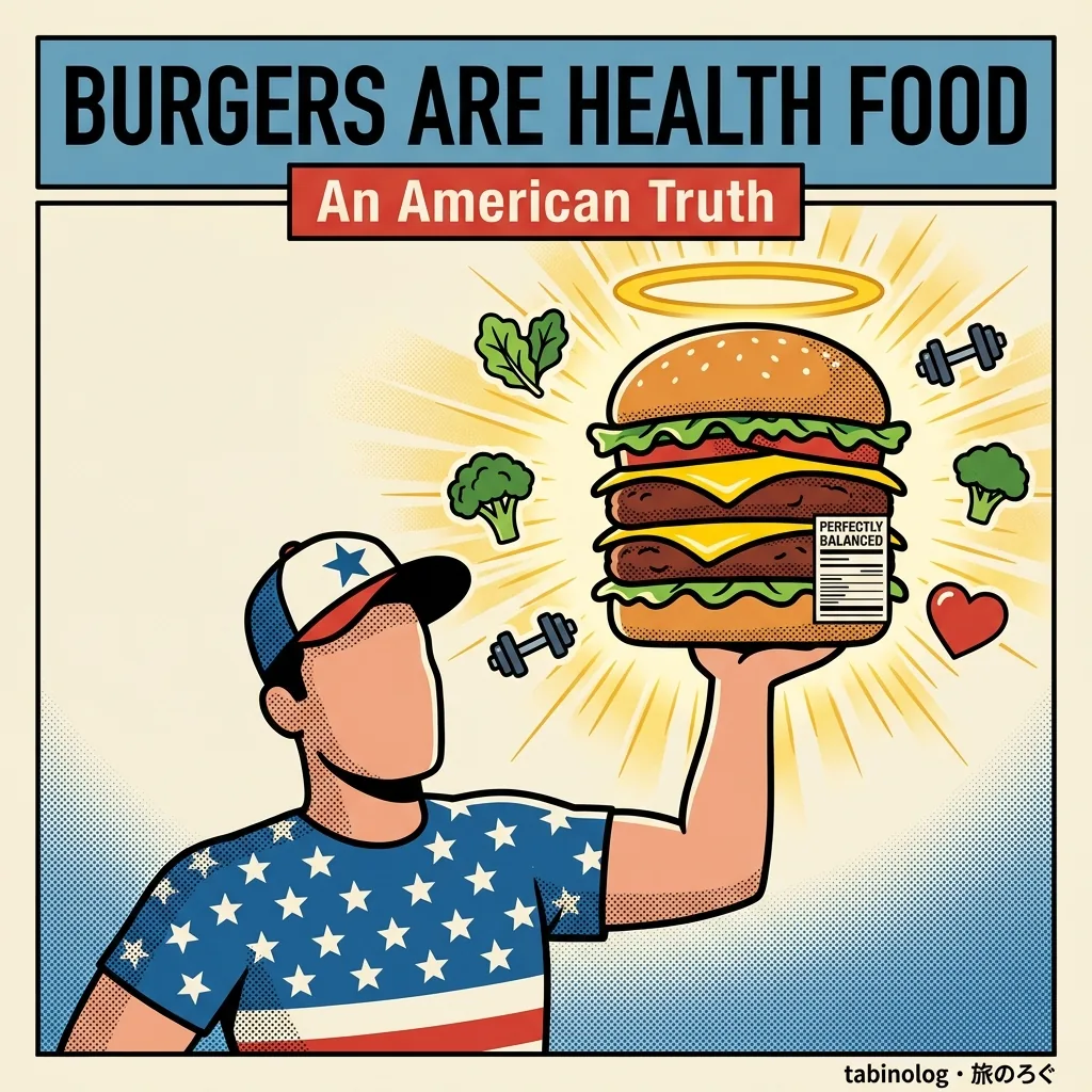 ハンバーガーをトロフィーのように掲げる自信満々なアメリカ人キャラクターのユーモラスなイラスト見出し画像