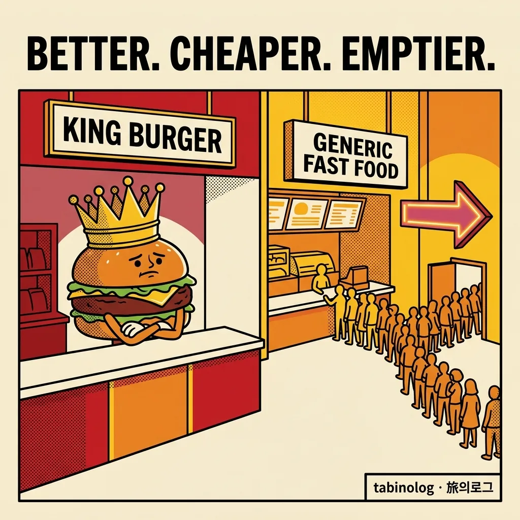 王冠を被ったハンバーガーキャラが空のカウンターに立ち、隣の店には行列ができている対比イラスト見出し画像