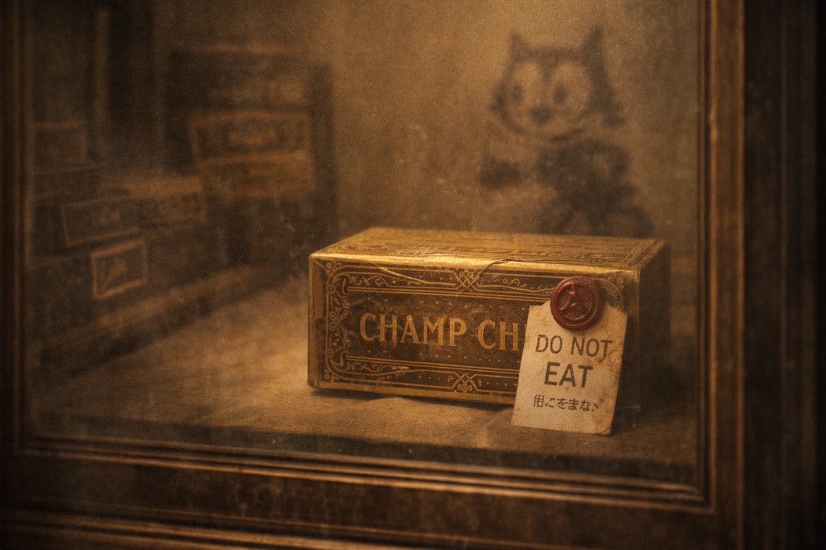 Champ Chime Chocolate 展に並ぶビンテージの金縁箱と「DO NOT EAT」の蝋封タグ、背景にフィリックス風の猫の影