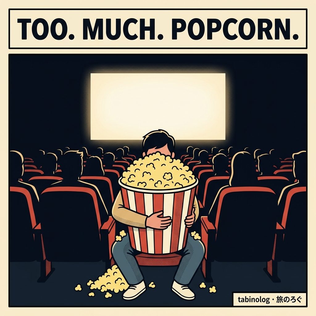 映画館の客席で巨大なポップコーンバケツを抱えて困惑している人物のイラスト見出し画像