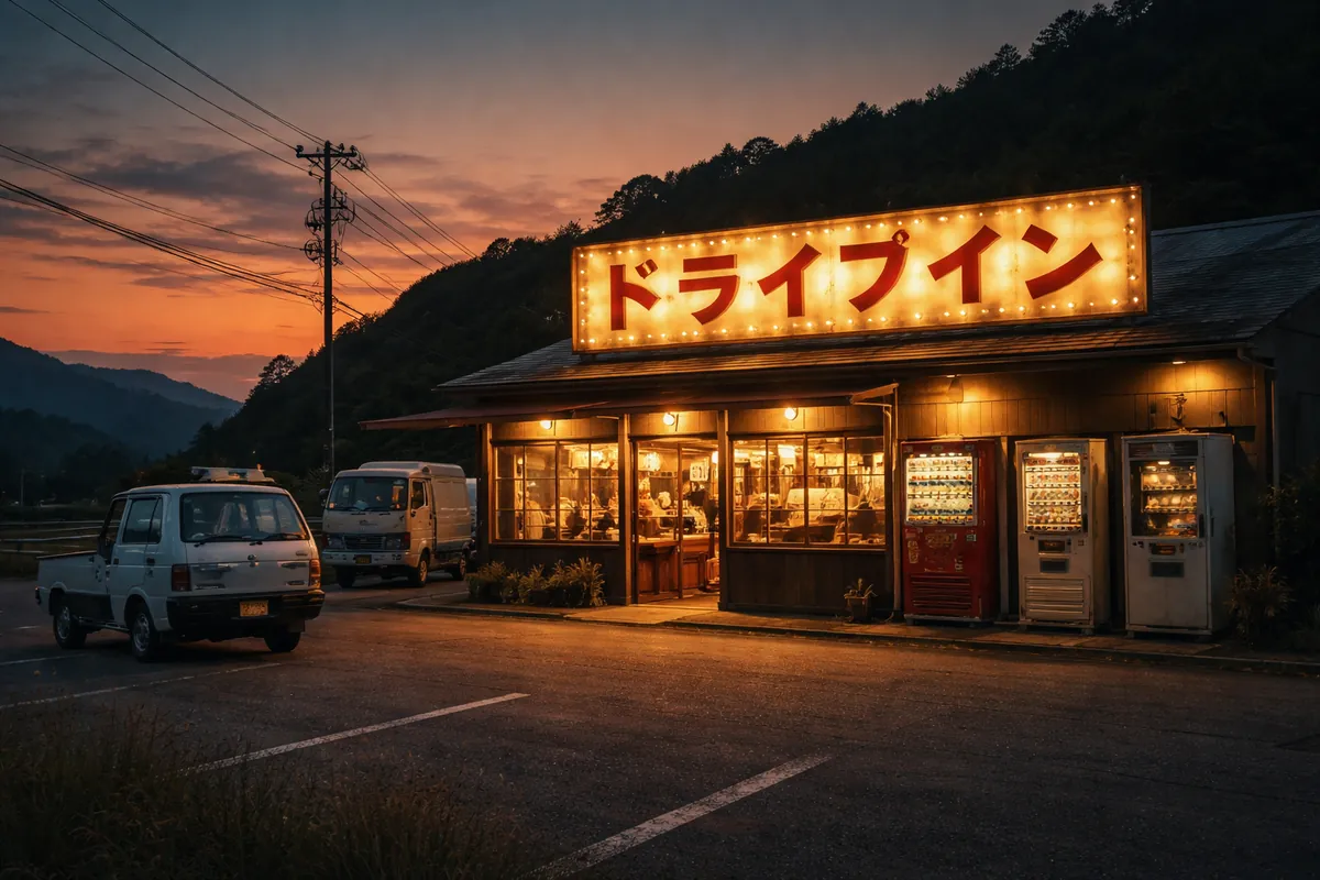 昭和後期〜平成初期の国道沿いドライブイン。マジックアワー、電球マーキー看板、自販機コーナー、軽トラ