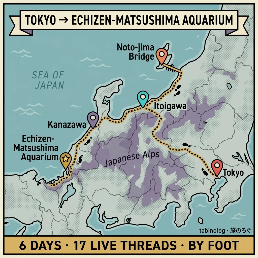 東京から越前松島水族館まで本州横断徒歩旅の全17話+完結編まとめ、2024年徒歩ニキシリーズのイラスト見出し画像
