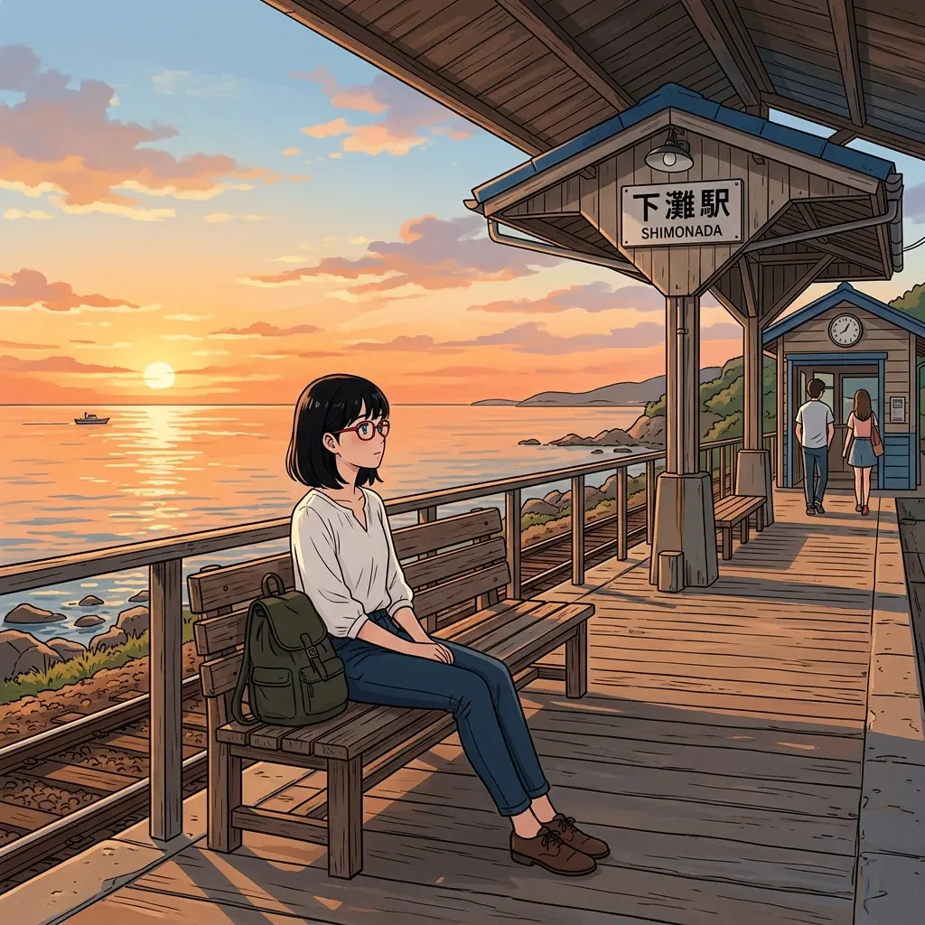 下灘駅のベンチで夕日を眺めるsa-tan（イメージ）