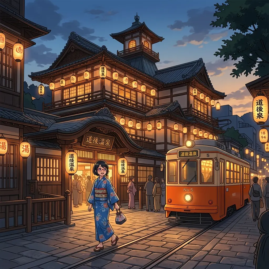 道後温泉本館と路面電車、浴衣姿のsa-tan（イメージ）