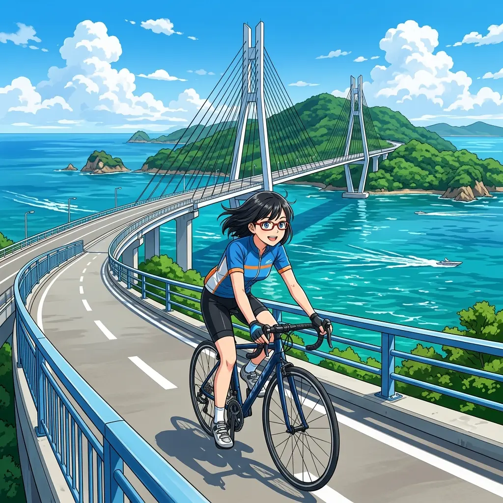 しまなみ海道の橋を自転車で渡るsa-tan（イメージ）