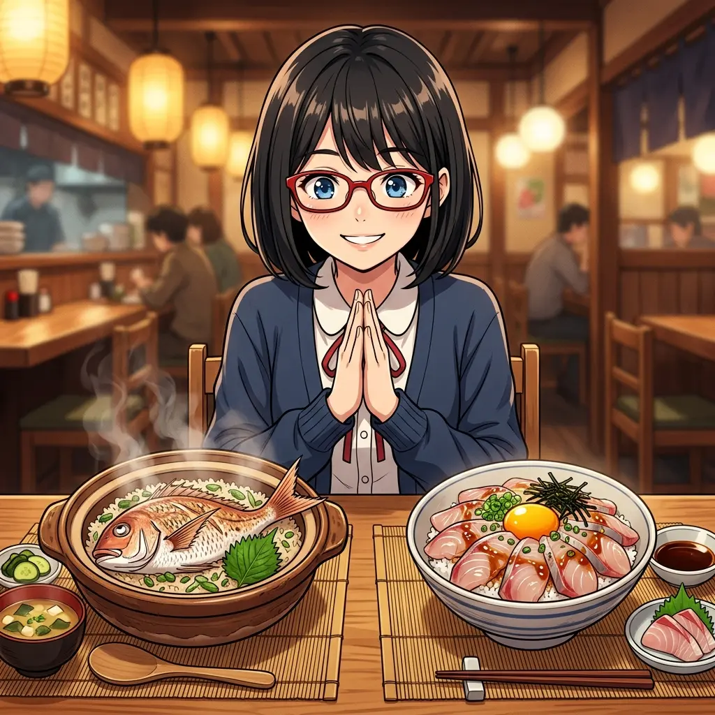 松山風と宇和島風の鯛めしを前にいただきますするsa-tan（イメージ）