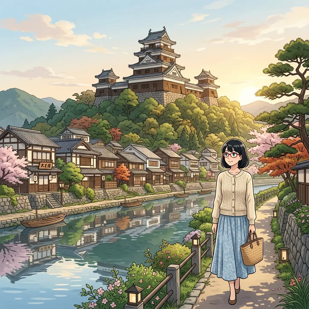 大洲城と肱川沿いを散歩するsa-tan（イメージ）