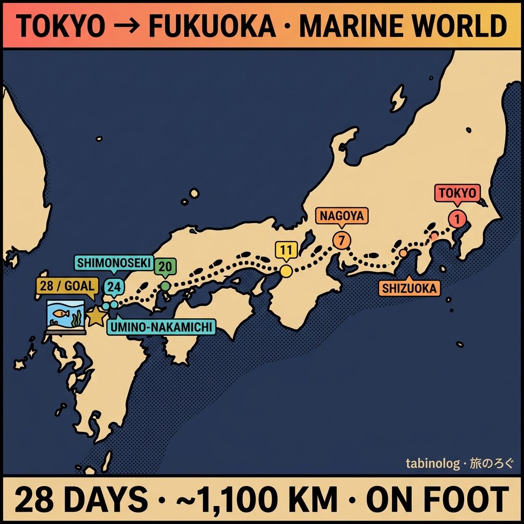 東京駅をスタートし、太平洋沿いの国道や山道を歩いて福岡マリンワールド海の中道へ向かう徒歩ニキの長距離徒歩旅をイメージした見出し画像