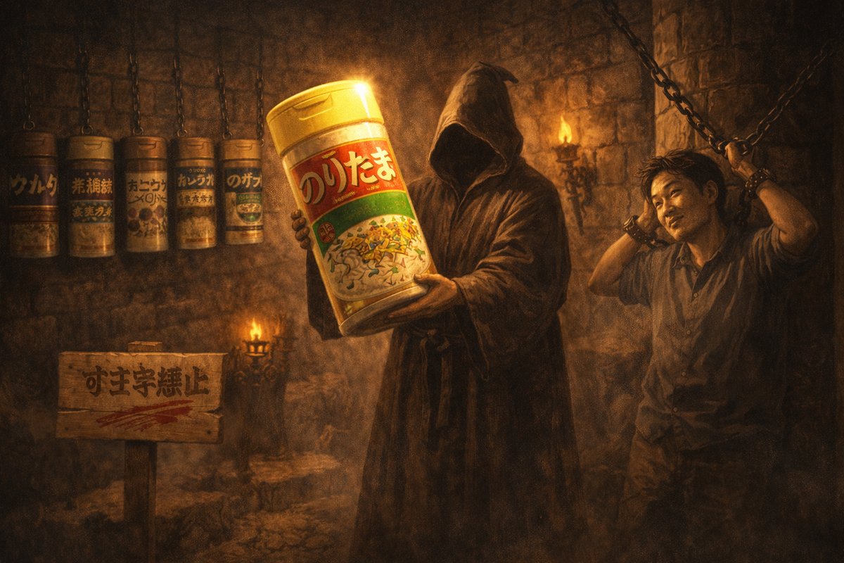 フード姿の拷問官がのりたまを聖遺物のように掲げ、背景に「すきやき禁止」の札とふりかけ瓶が並ぶ中世地下牢