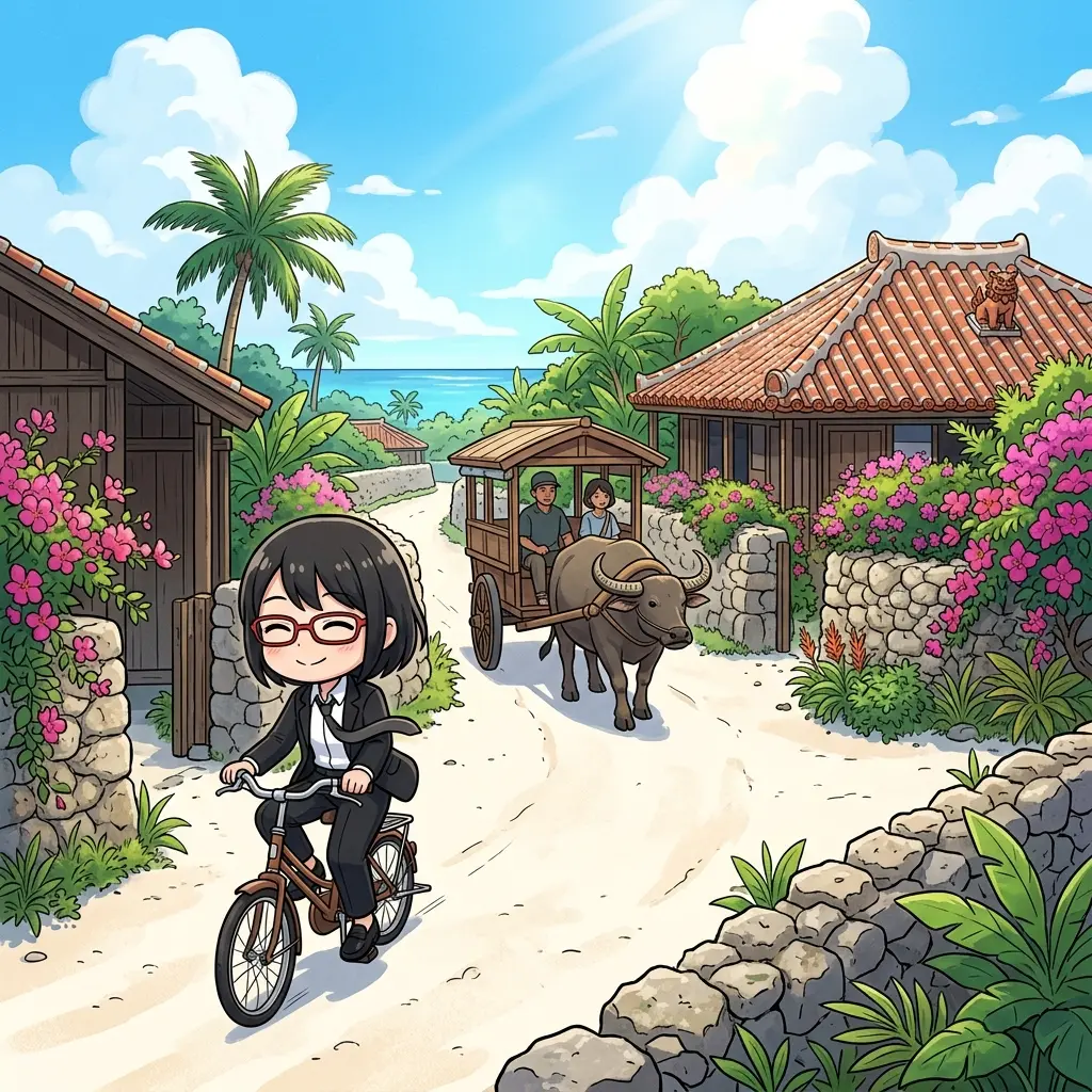 竹富島の赤瓦集落を自転車で巡るsa-tan（イメージ）