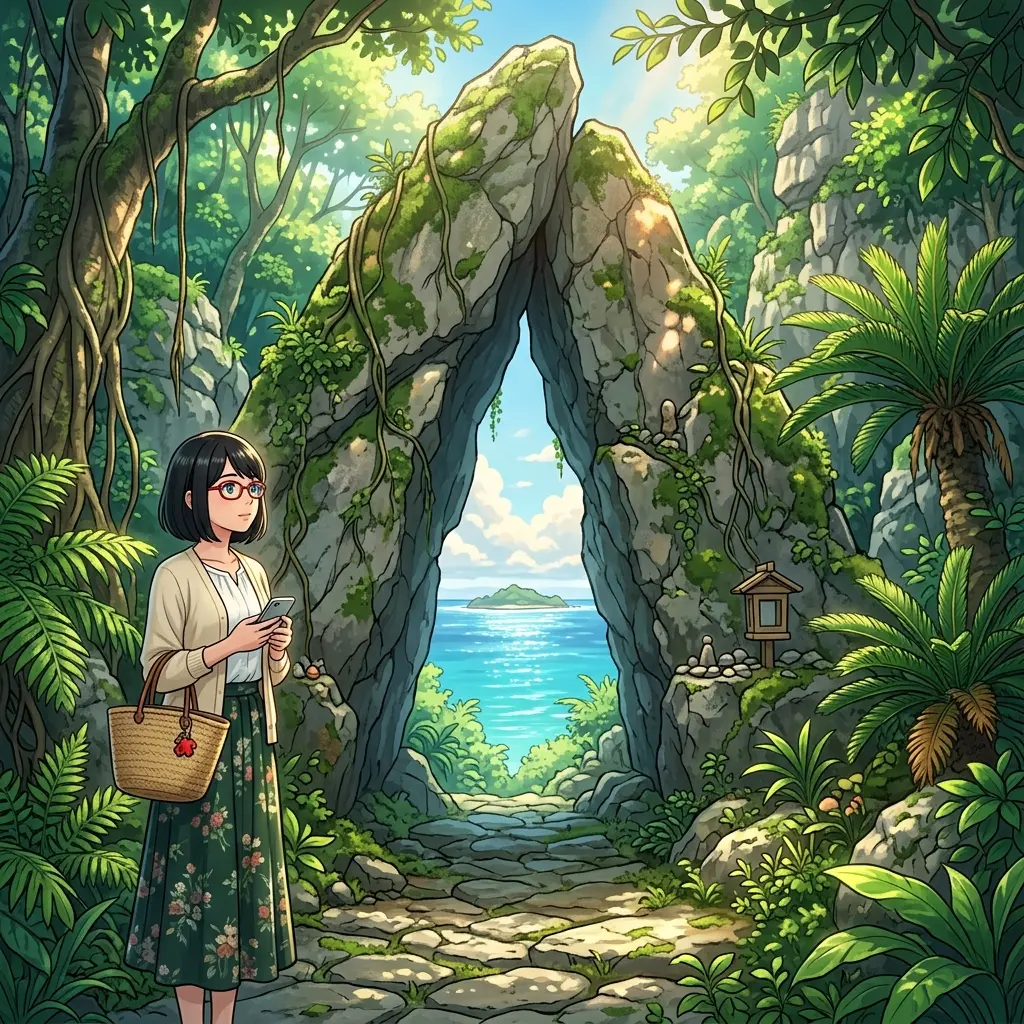 斎場御嶽の三庫理で佇むsa-tan（イメージ）