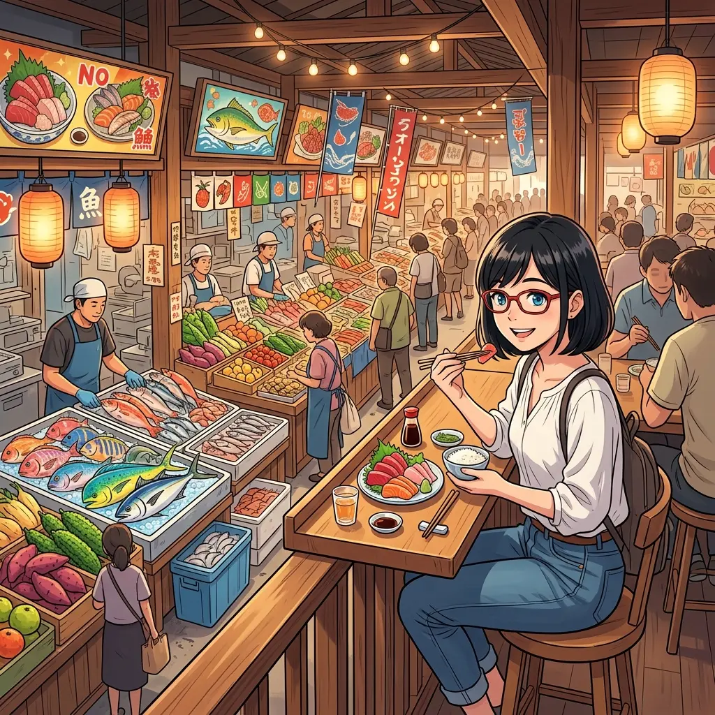 牧志公設市場でお刺身を食べるsa-tan（イメージ）