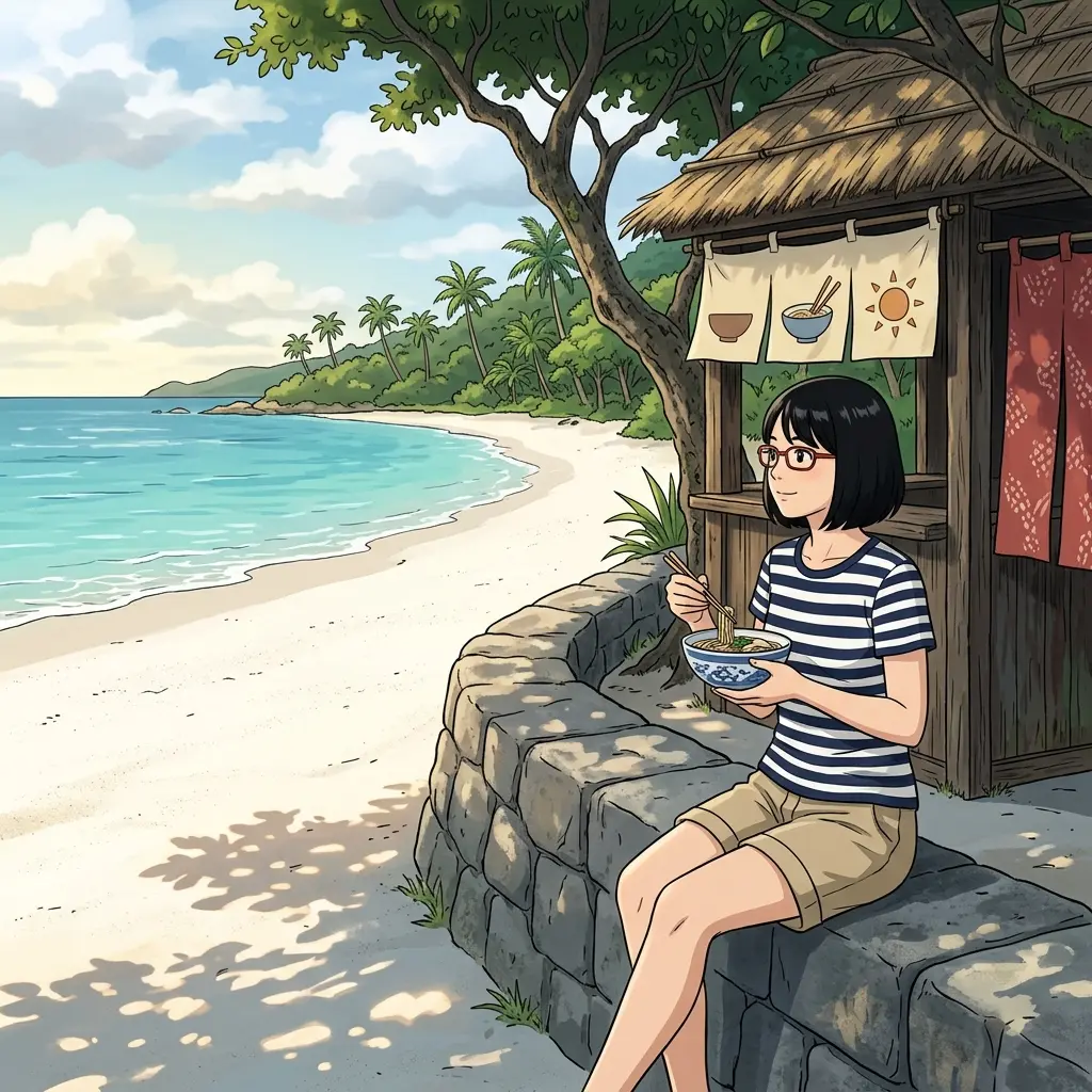 浜比嘉島の食堂前でそばを食べるsa-tan（イメージ）