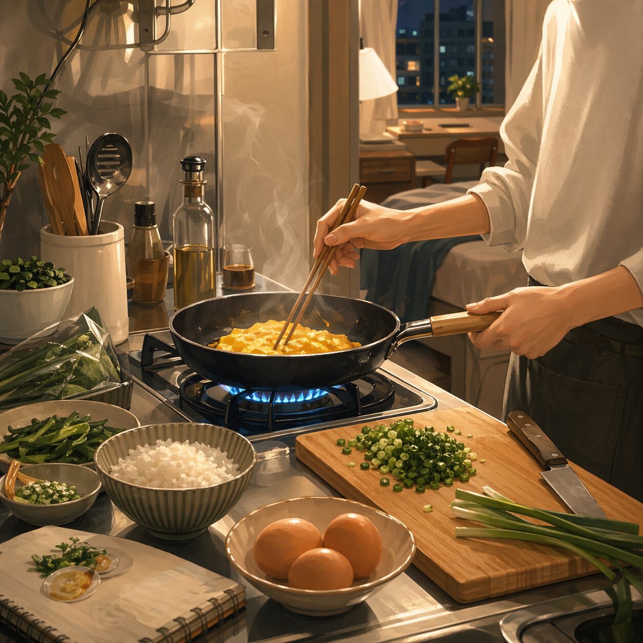 小さなキッチンで卵料理を作りながら、自炊を始める楽しさを表した見出し画像