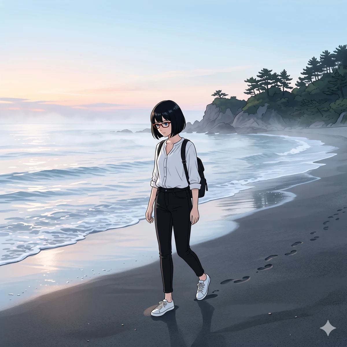 桂浜の波打ち際を歩くsa-tan(イメージ)