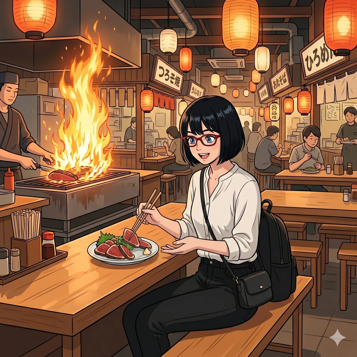 ひろめ市場でカツオのタタキを食べるsa-tan(イメージ)