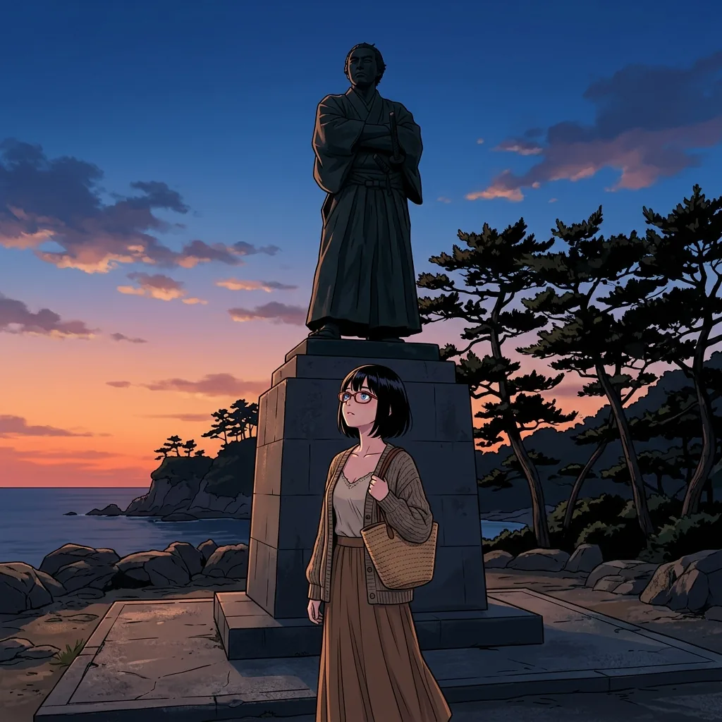 桂浜の坂本龍馬像の足元に立つsa-tan