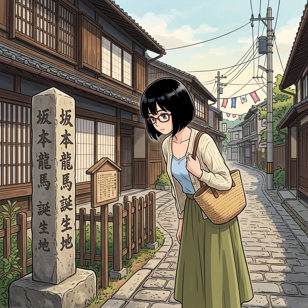 上町の龍馬生誕地碑の前に立つsa-tan（イメージ）