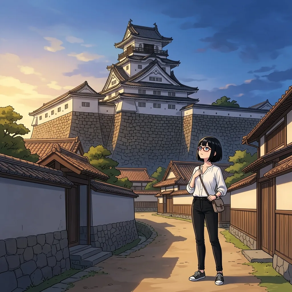 高知城を見上げるsa-tan、武家屋敷の道にて（イメージ）