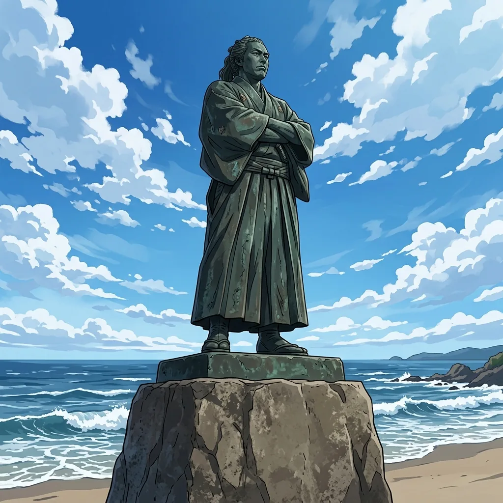 桂浜の坂本龍馬像を仰ぎ見る構図（イメージ）