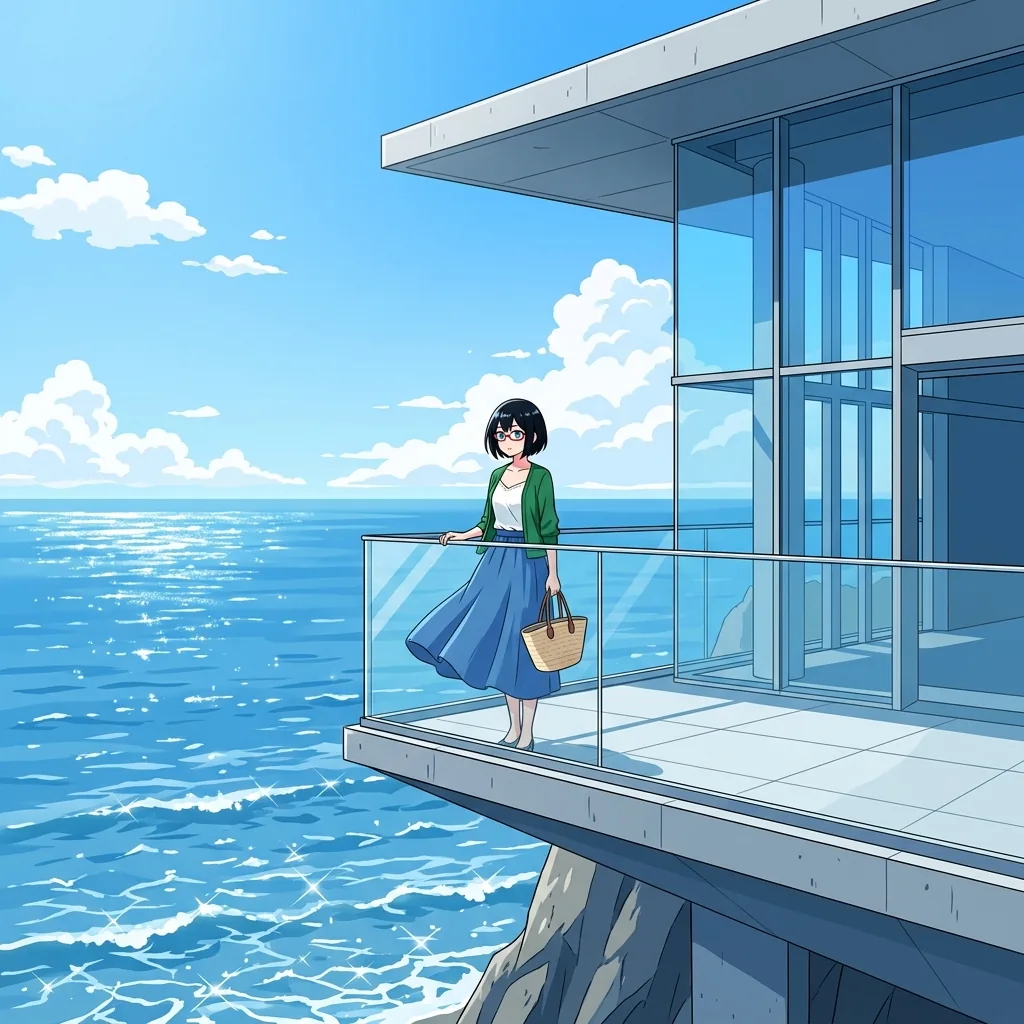 高知県立坂本龍馬記念館のガラスデッキから太平洋を望むsa-tan（イメージ）