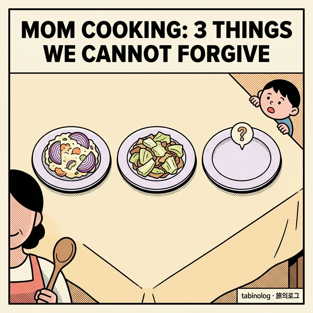 3つの皿に玉ねぎ入りポテサラやキャベツの芯入り炒めものが並び、困惑する子供と優しい母の家庭料理イラスト見出し画像