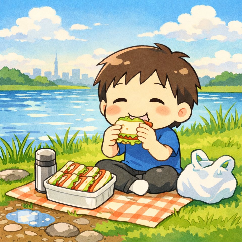 河原でサンドイッチを食べるなんJ民の想像図