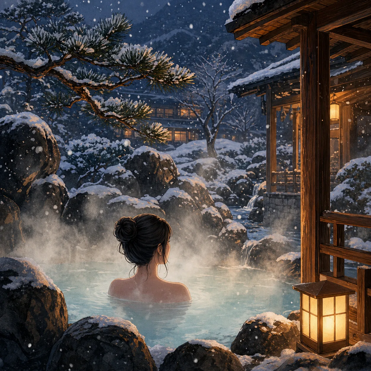 露天風呂に浸かる人物のイラスト — 雪景色と湯気の幻想的な情景