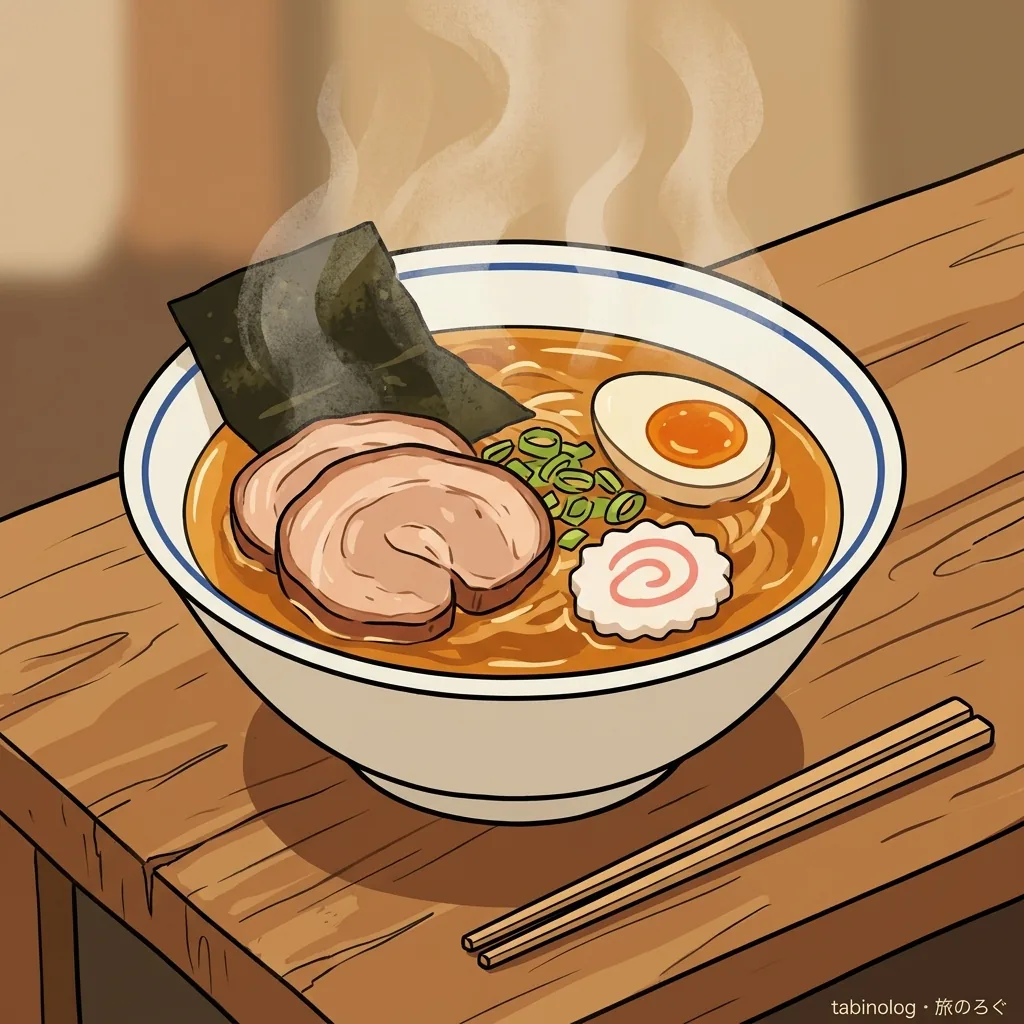 こってり醤油ラーメンの丼、湯気が立ち上る旅先の一杯