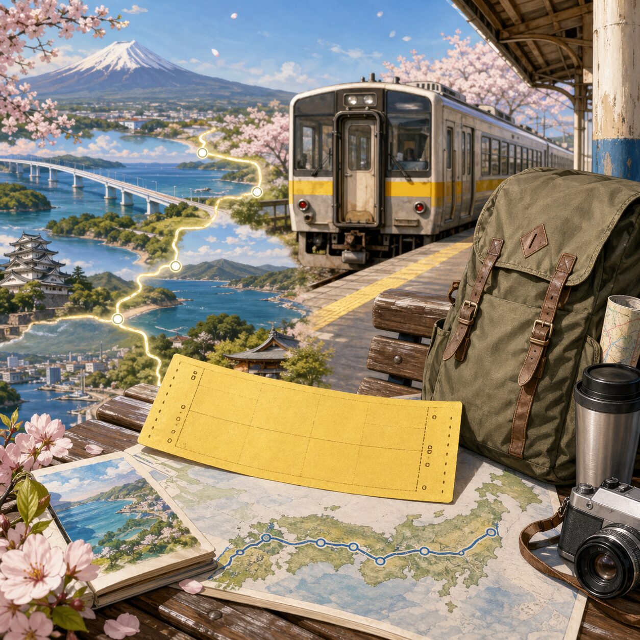 黄色い青春18きっぷとローカル列車、春の日本各地の景色をコラージュした5日間鈍行旅の見出し画像