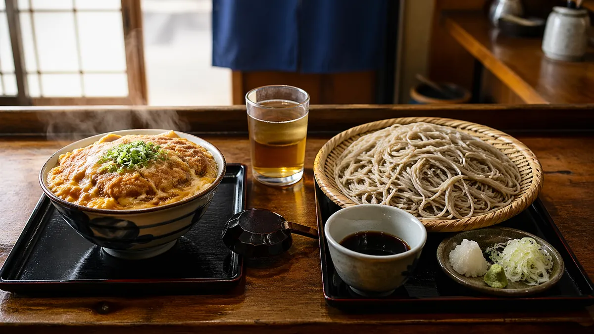 昔ながらの蕎麦屋のランチセット。黒塗りトレーにミニカツ丼、竹せいろの冷たい蕎麦、薬味皿