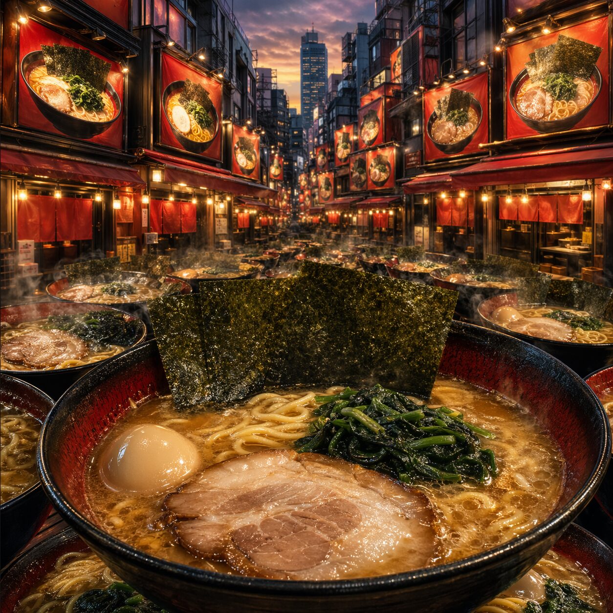 家系ラーメンの大きな丼を手前に、似たラーメン店が何軒も並ぶ東京の通りを描いた見出し画像