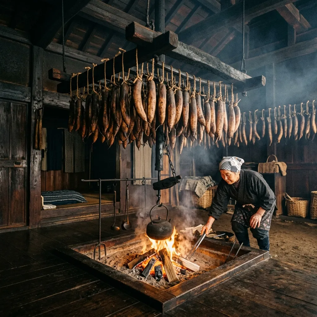 いぶりがっこの伝統的な製法 - 囲炉裏で大根を燻す
