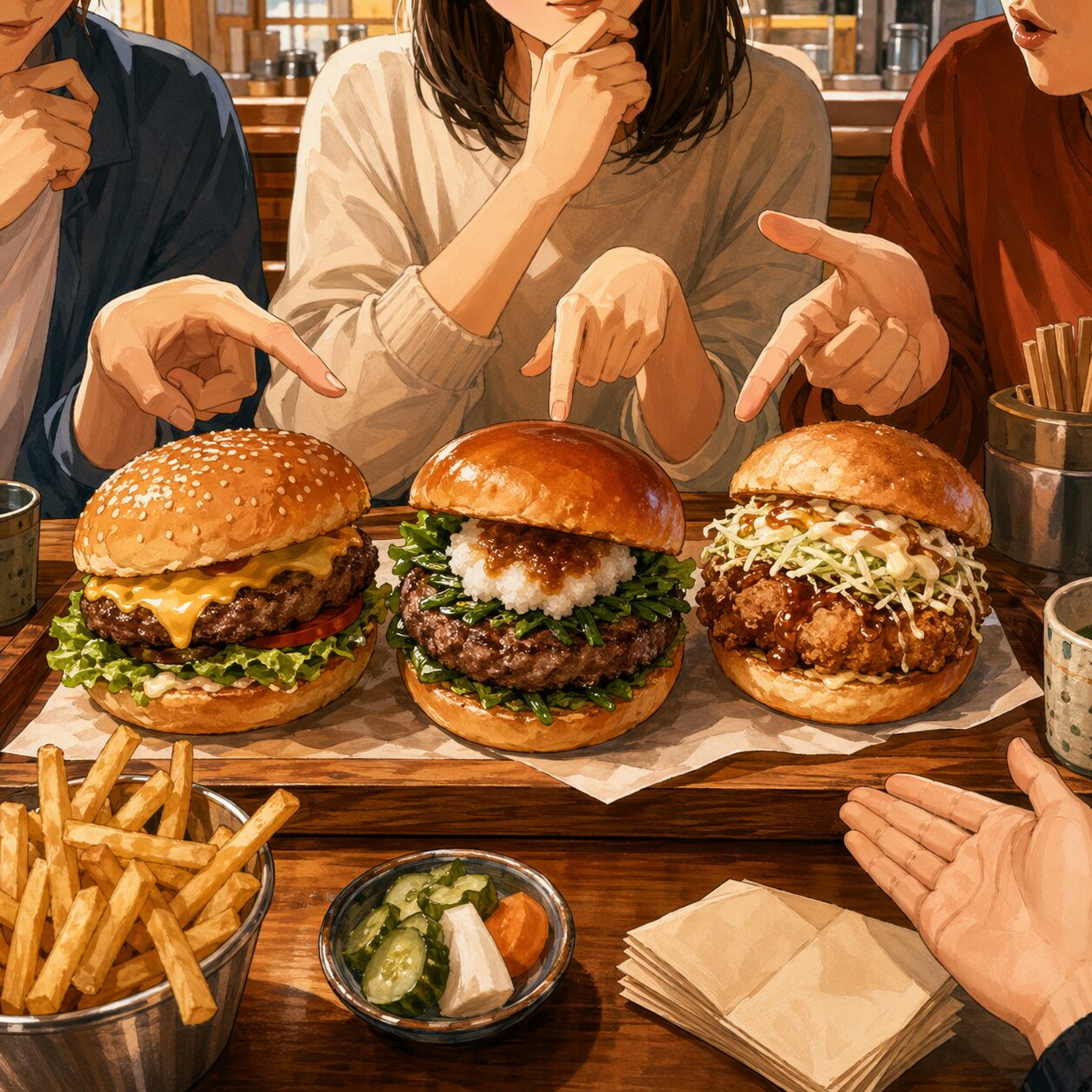 3種類のハンバーガーを前に、どれが一番うまいか話し合っている食べ比べ風景の見出し画像