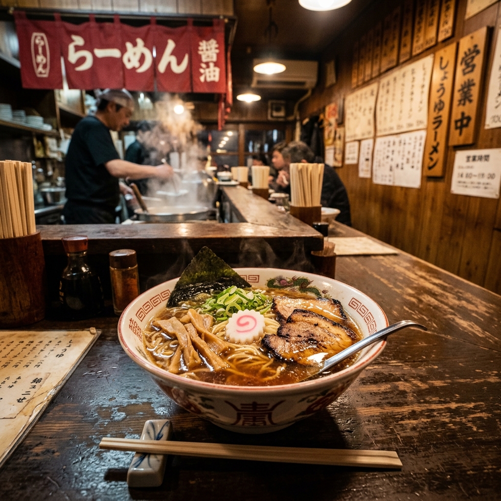 昭和レトロなラーメン店のカウンターに置かれた、ナルトやチャーシューが載った王道の醤油ラーメン