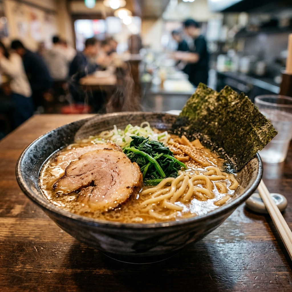 横浜の家系ラーメン、濃厚な豚骨醤油スープとほうれん草、海苔のトッピング