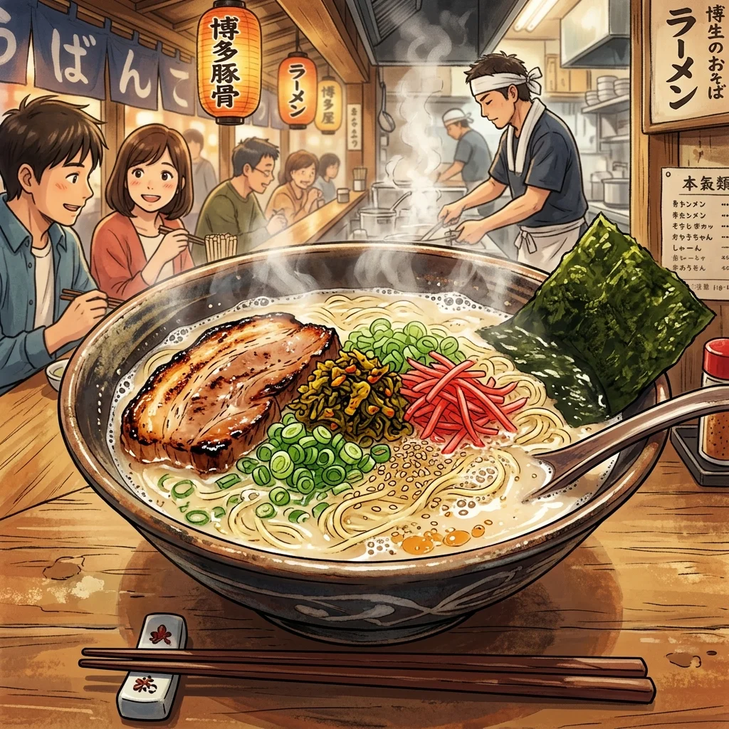 トッピングが豪華に乗った美味しそうな博多とんこつラーメン